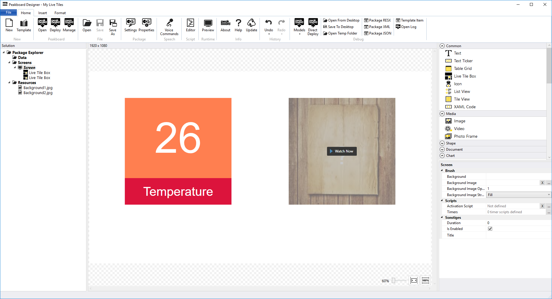 Peakboard Designer - Live Tile Box controls