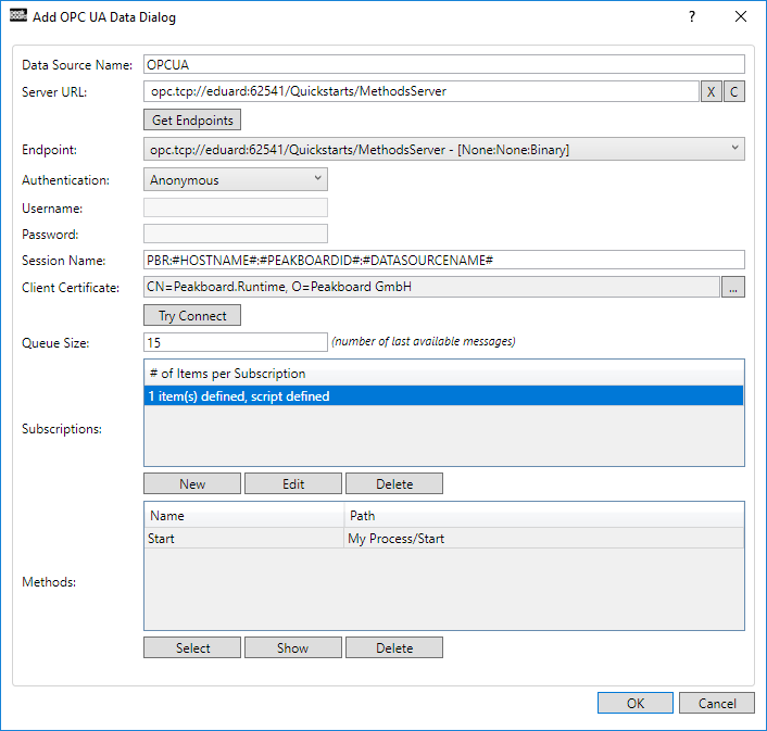 Peakboard Designer - OPC UA data source
